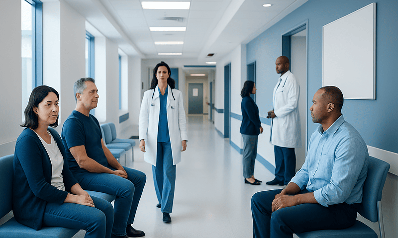 Doctors and patients in a hospital corridor for hemorrhoid consultation.