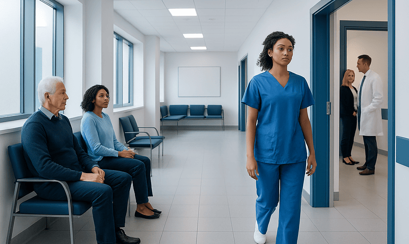 Nurse walking in hospital corridor with waiting patients and doctors in background.