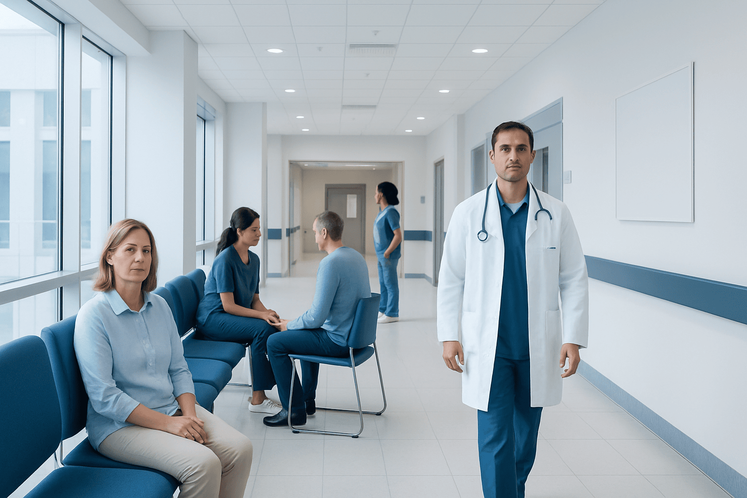 Medical consultation in a modern hospital corridor with doctor and patients.