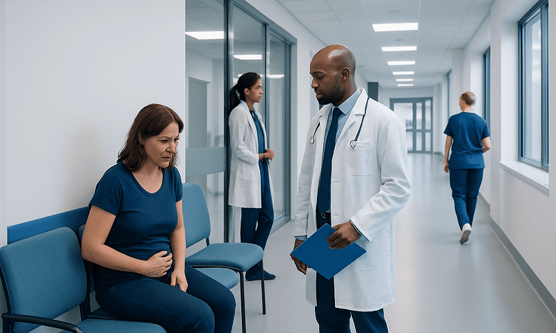 Doctor examining a woman with stomach pain in hospital corridor.