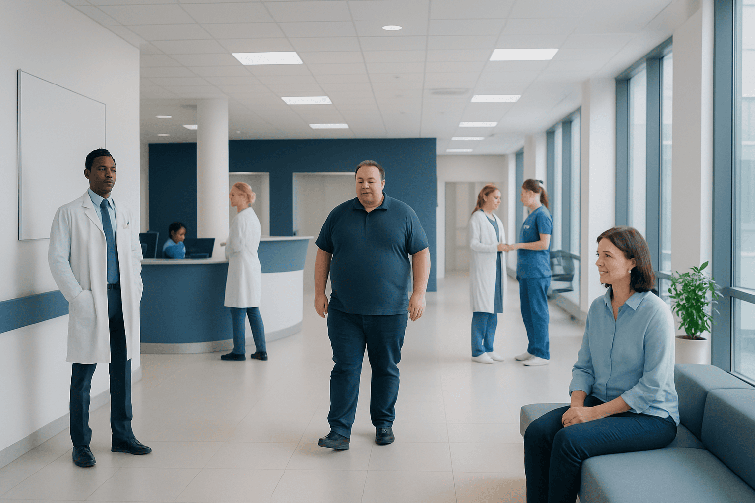Patients and medical staff in a modern hospital corridor.