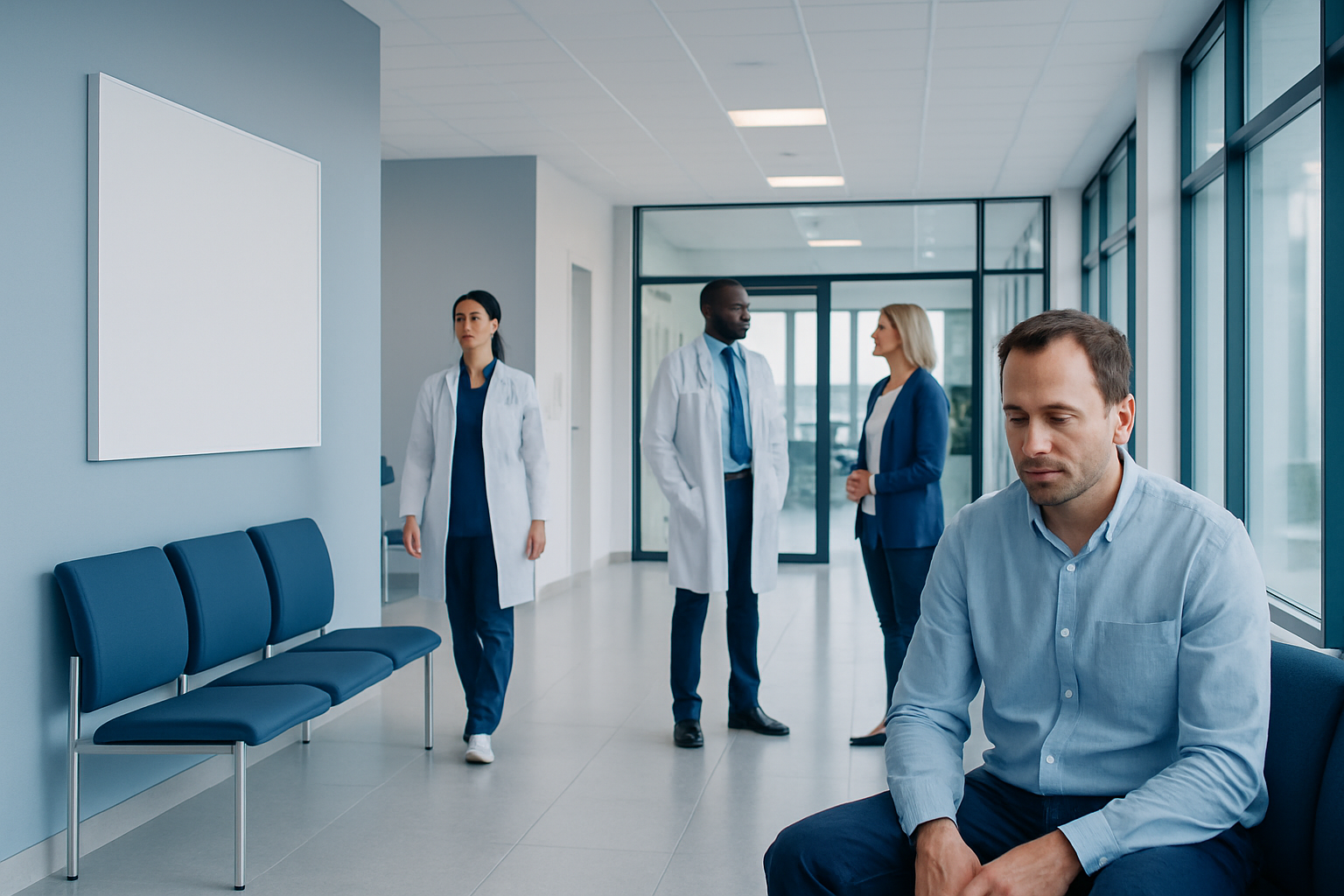 Male patient waiting in a modern hospital corridor with medical staff in background.