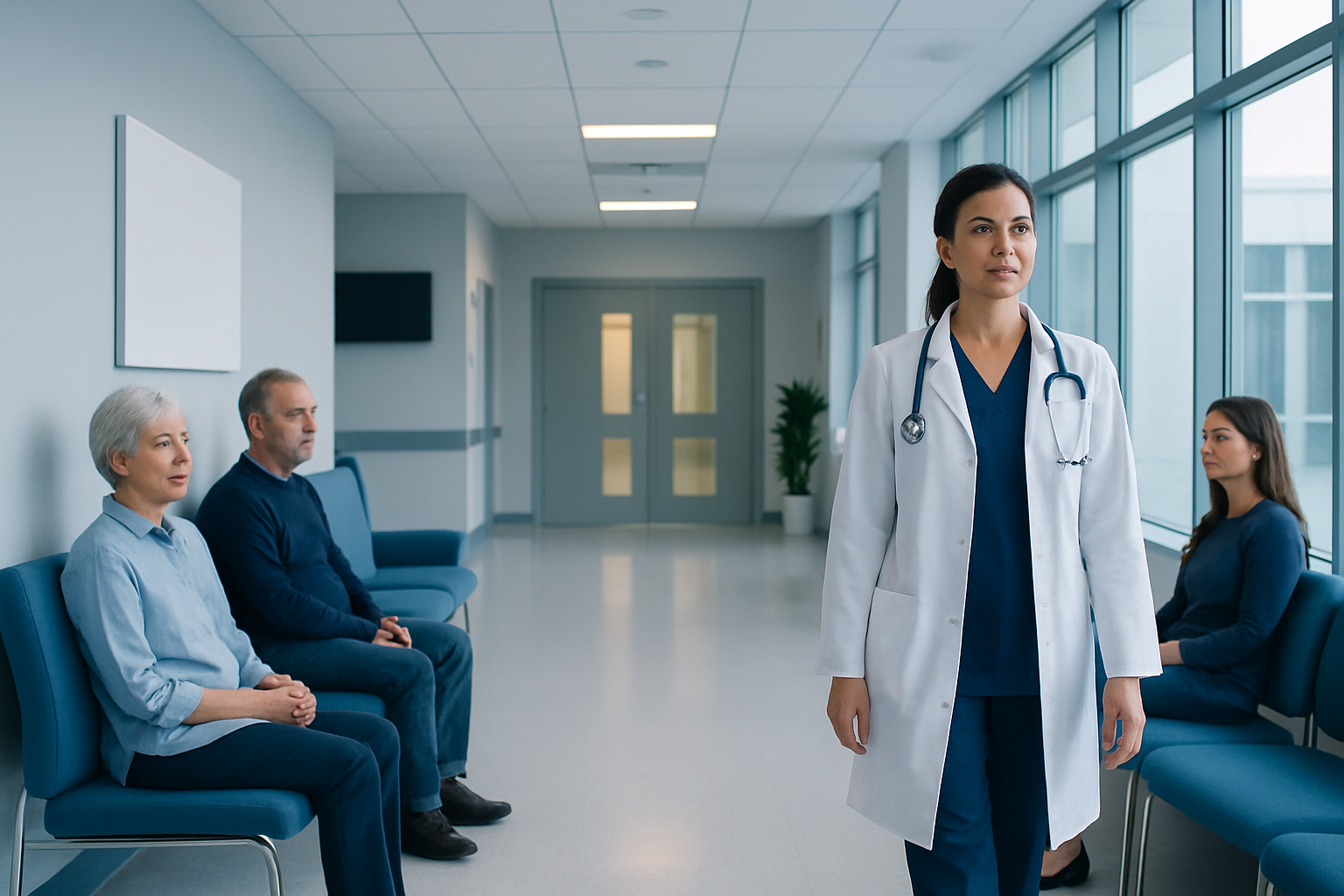 Doctor with patients in a hospital corridor, healthcare setting.
