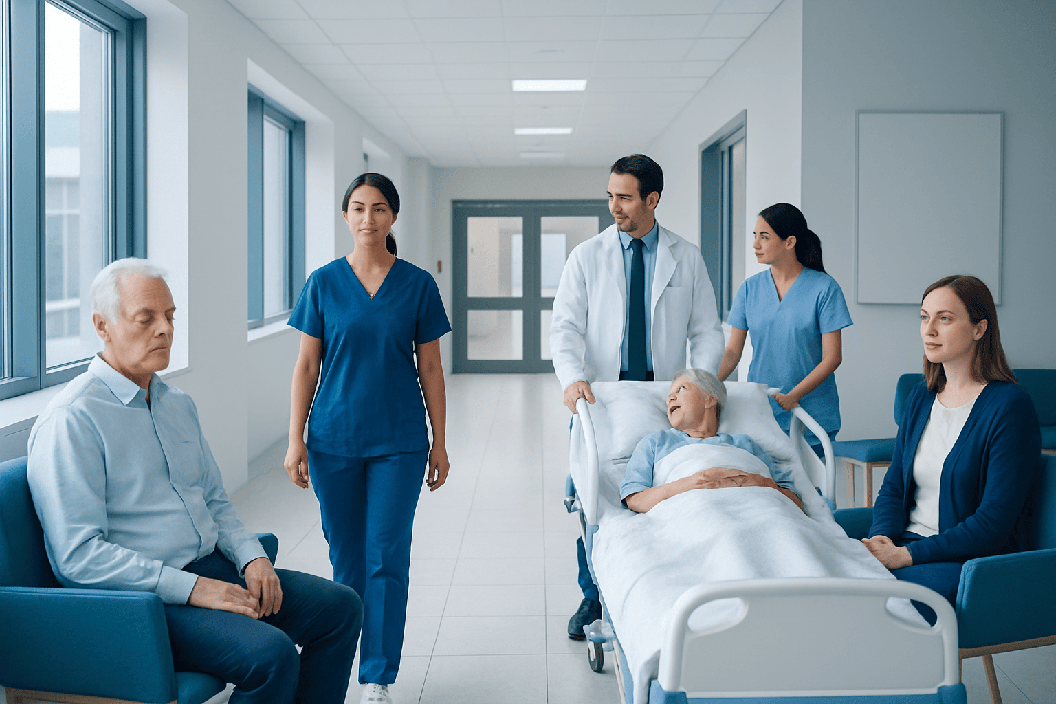 Medical team consulting with patient in hospital room.