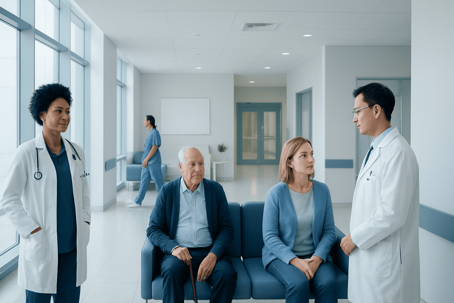 Doctor consulting with elderly patient and companion in hospital corridor.