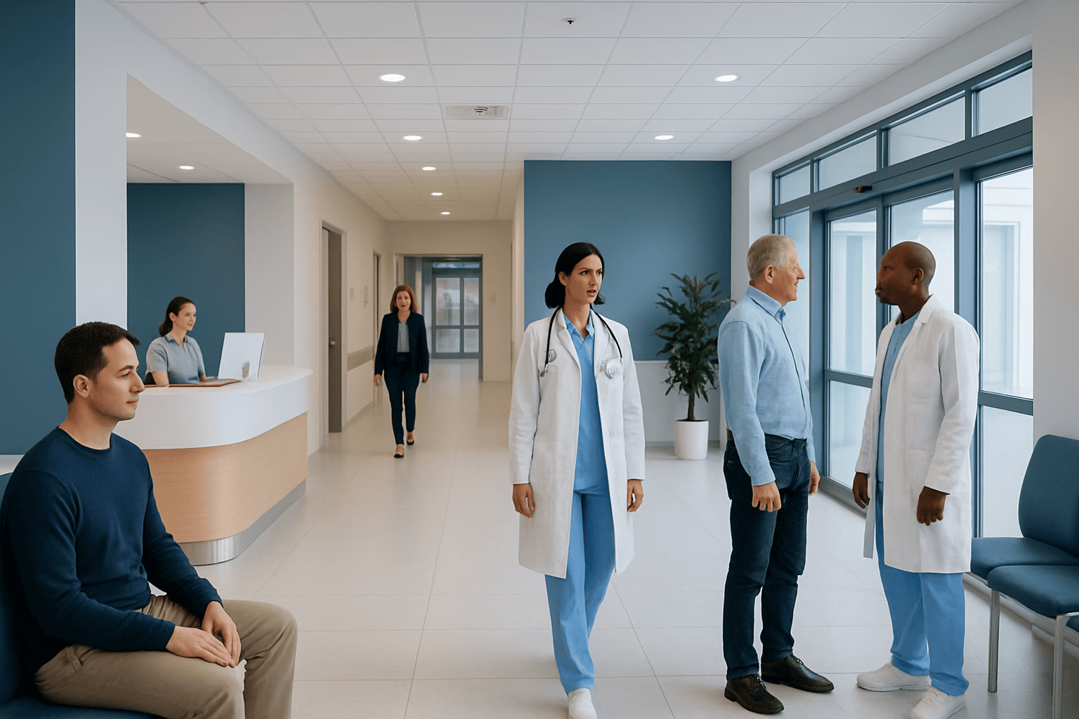 Medical professionals and patients in a hospital corridor at Acibadem Hospitals Group.