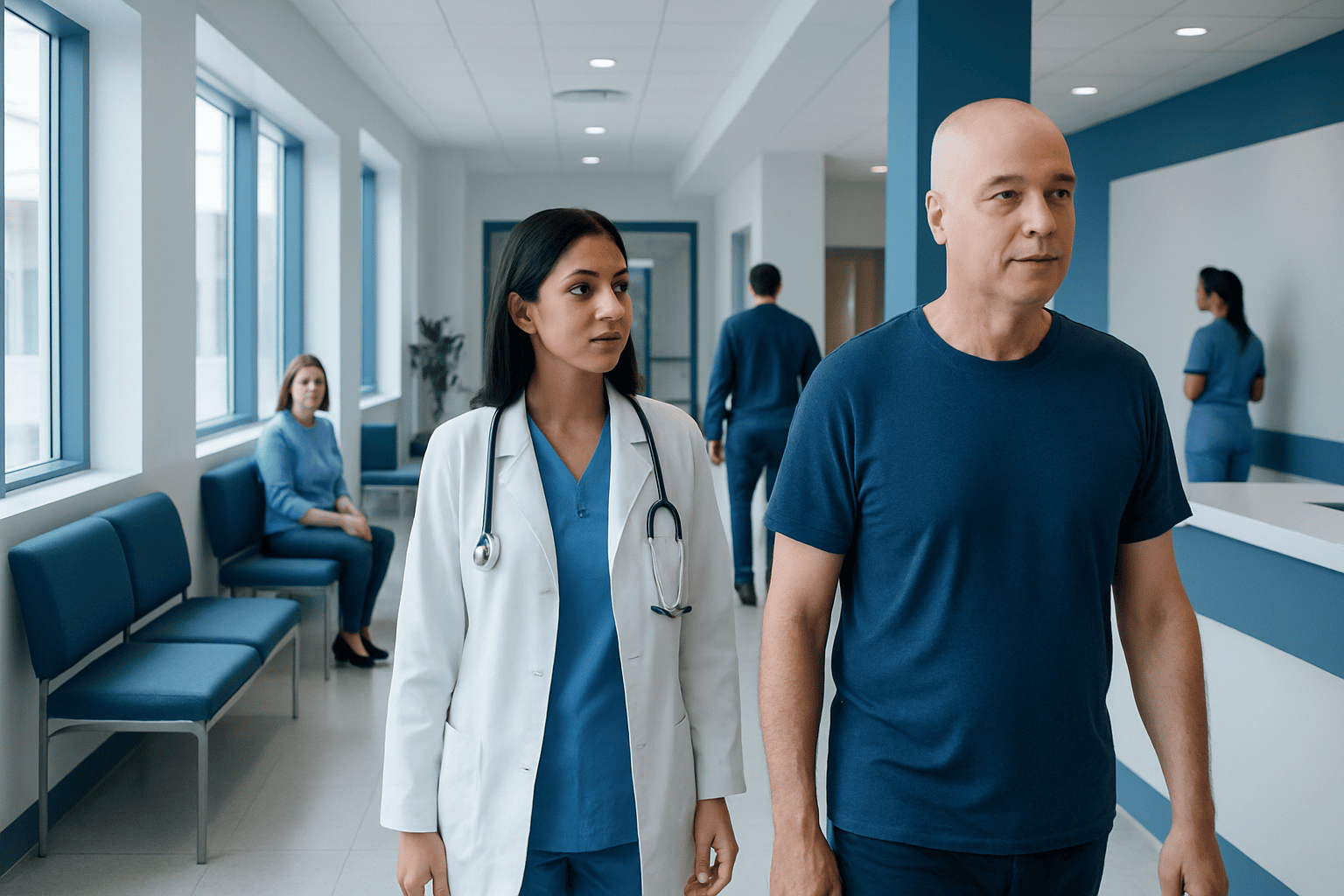 Patient walking with doctor in hospital corridor at Acibadem Hospitals Group.
