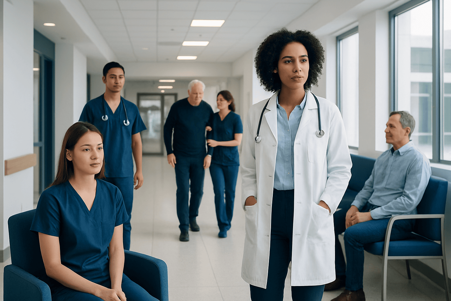 Diverse medical team in hospital corridor with patients and staff.