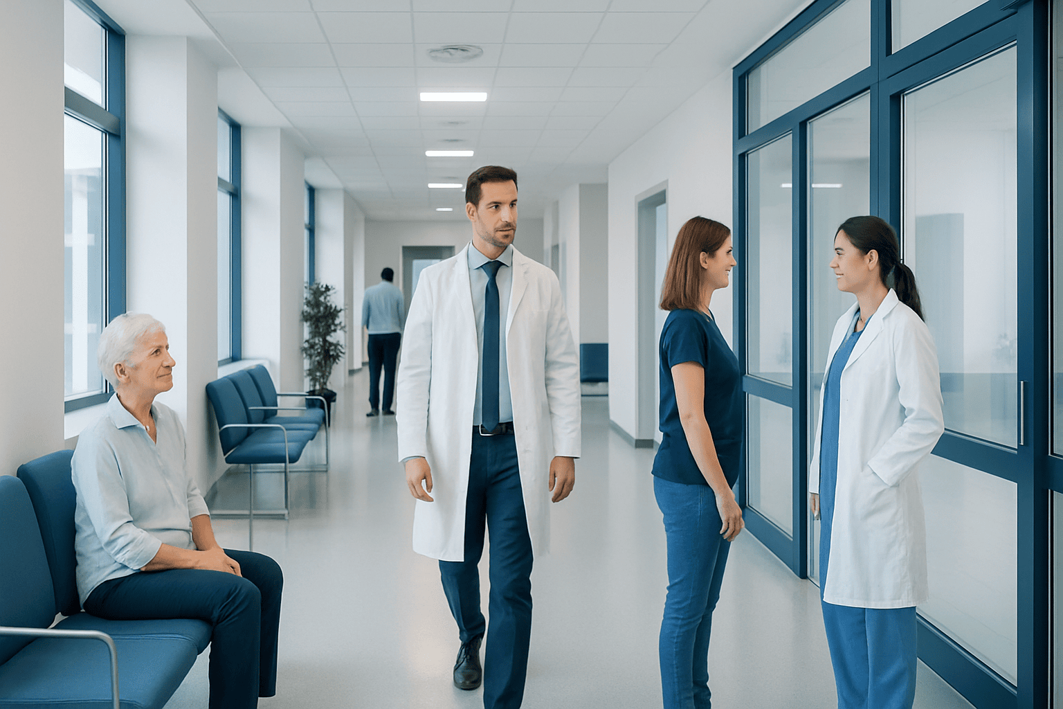 Medical team consulting in hospital corridor with patient.