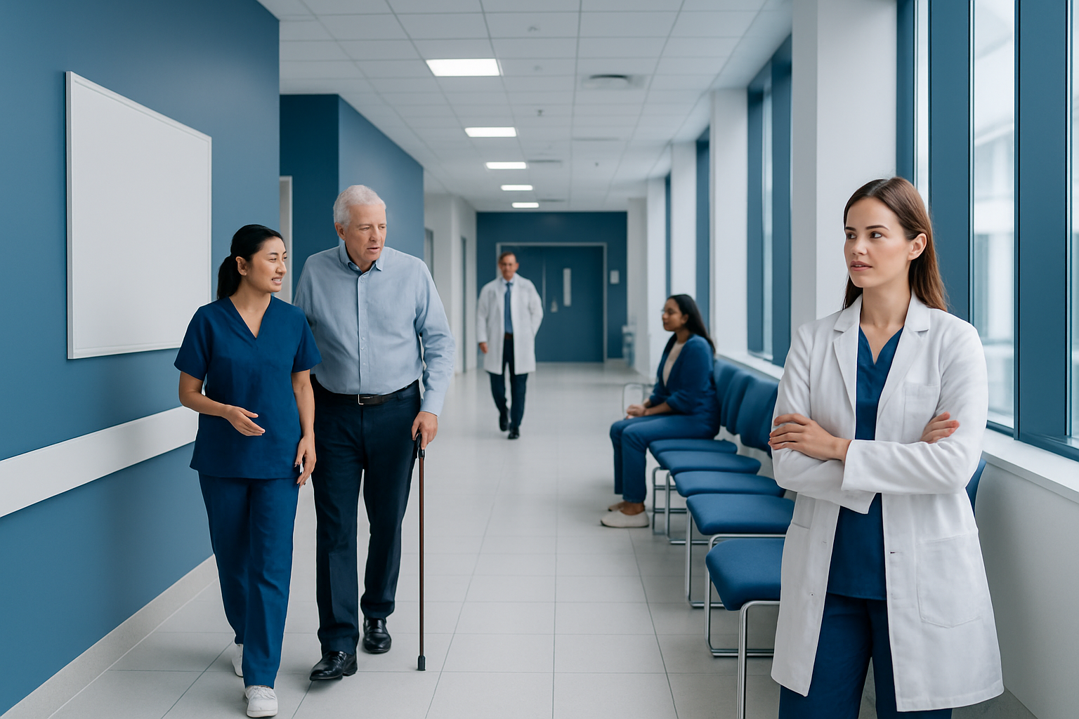 Healthcare professionals and patients in a hospital corridor.