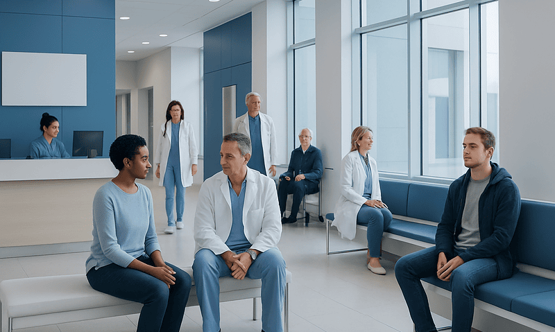 Patients and doctors in a hospital waiting area with large windows and modern design.