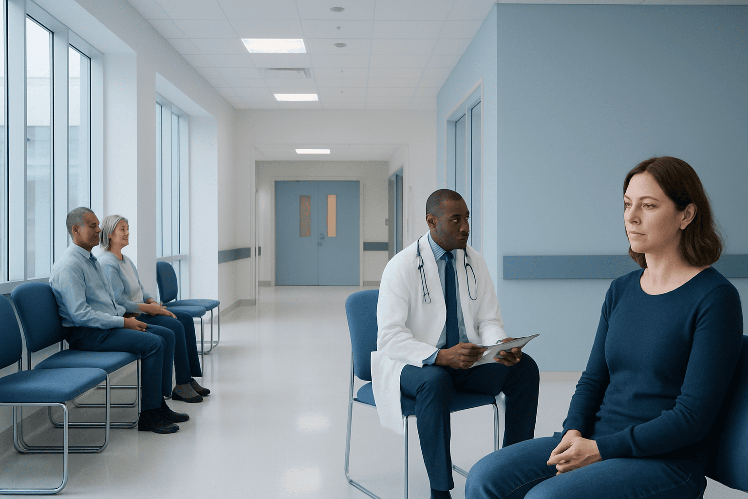 Doctor consulting with a woman in a hospital corridor.