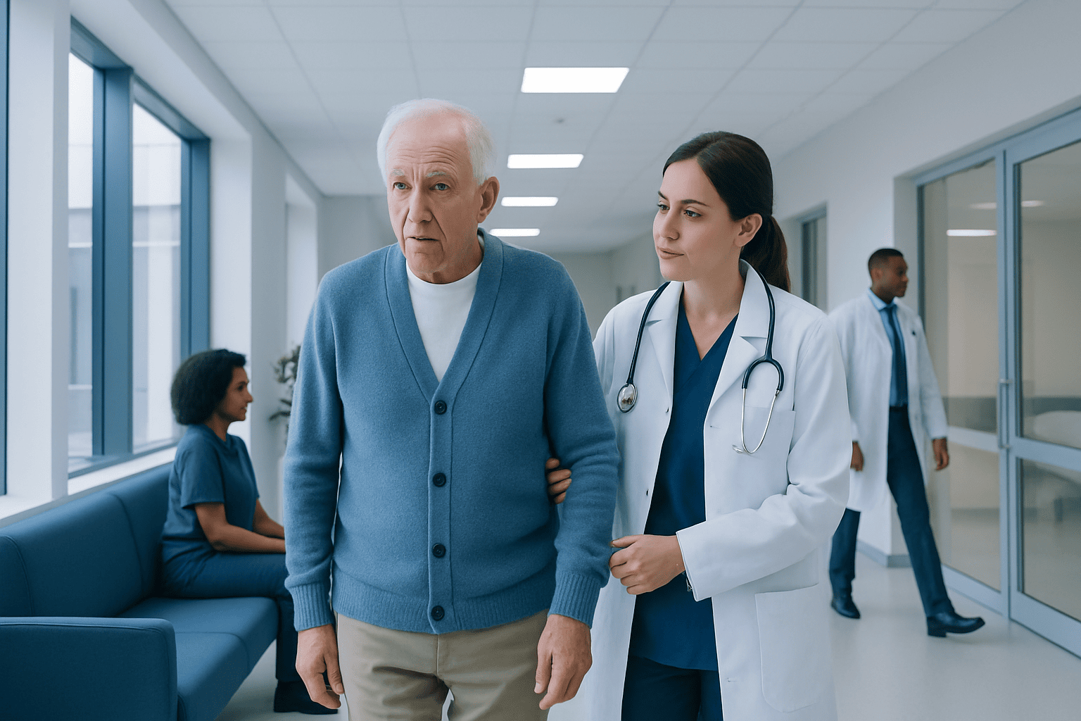 Older man receiving care from a healthcare professional in a hospital corridor.
