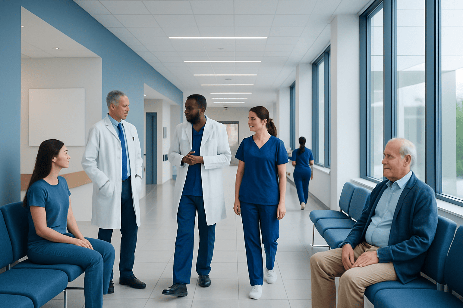 Medical team consulting patients in a modern hospital corridor.