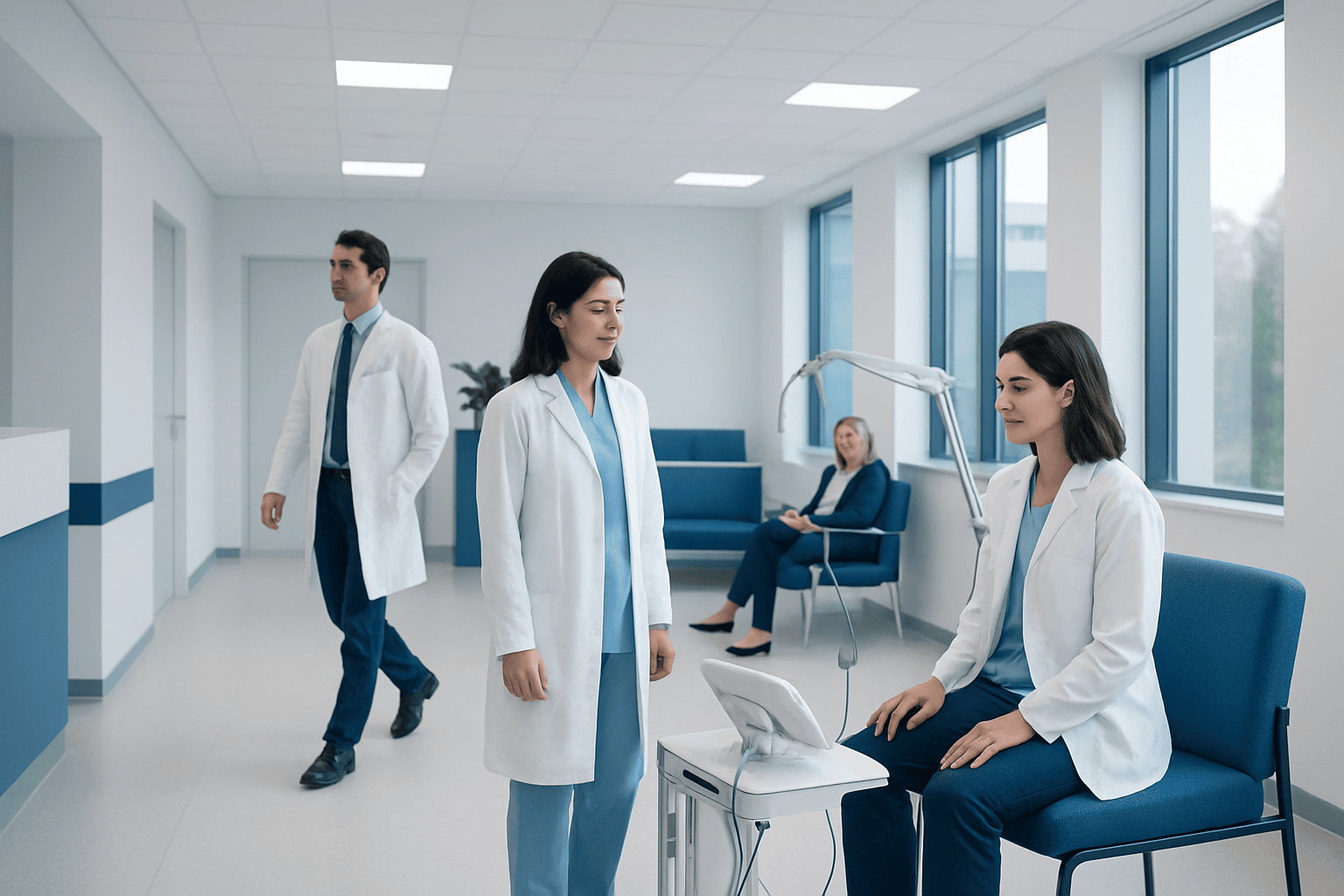 Medical professionals in a hospital corridor preparing for neurophysiology testing.