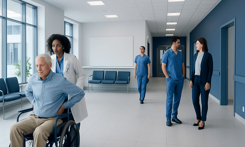 Hospital corridor with medical staff and patient in wheelchair.