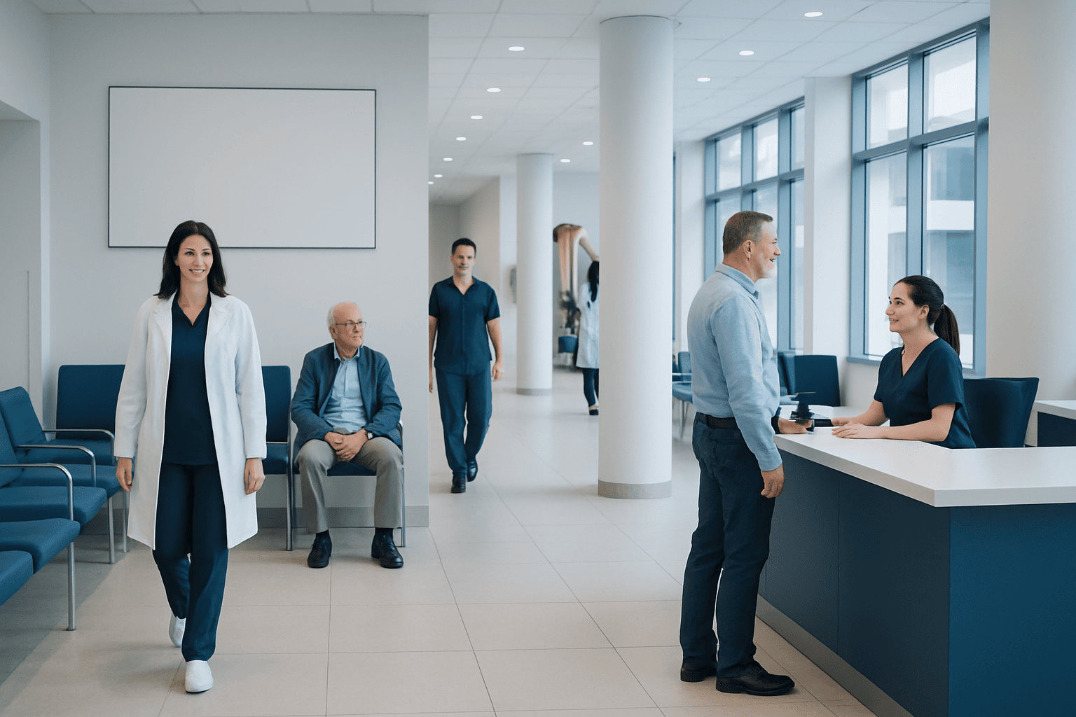 Hospital reception area with staff and patients in a modern medical facility.