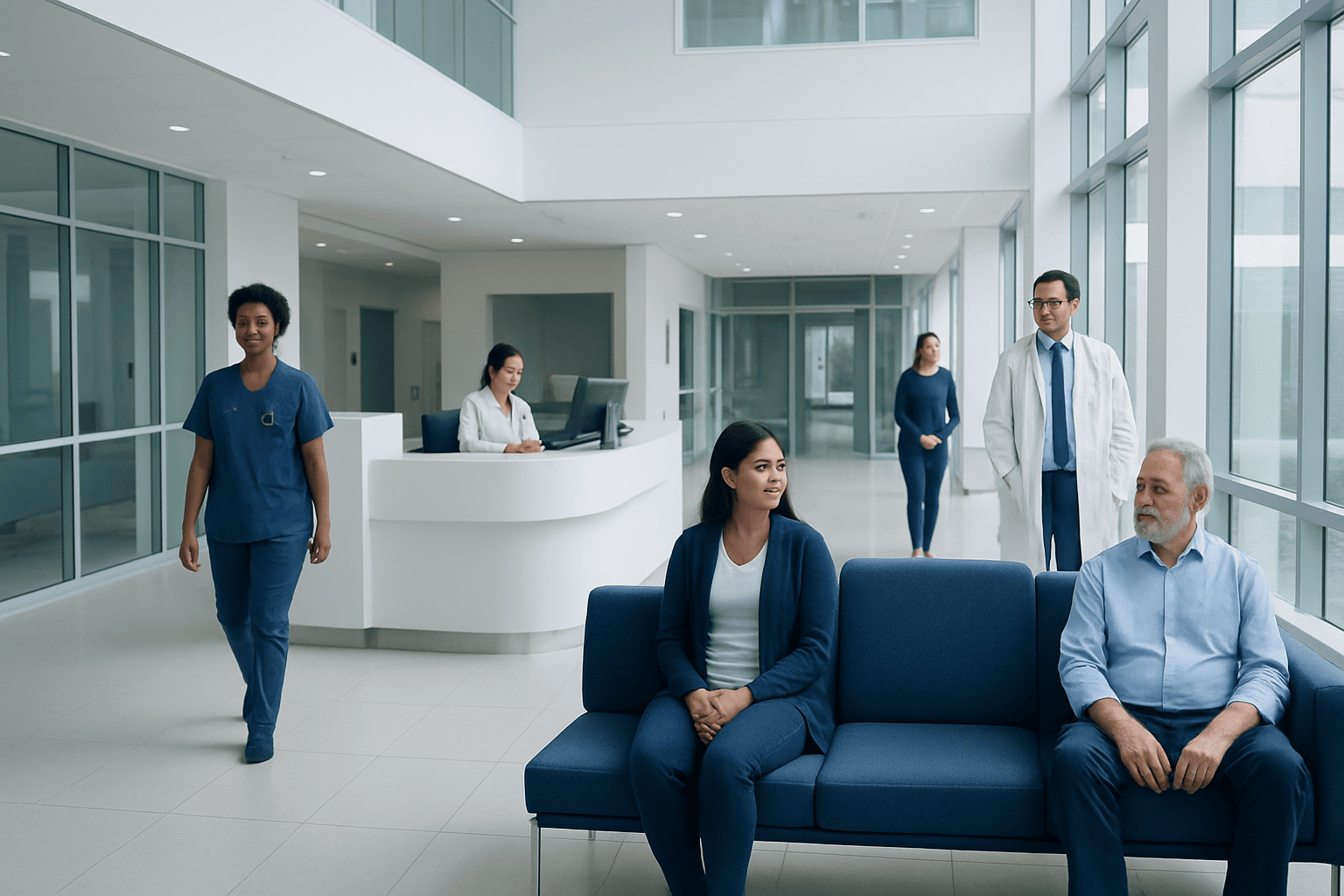 Modern hospital lobby with staff and patients in a bright, spacious setting.