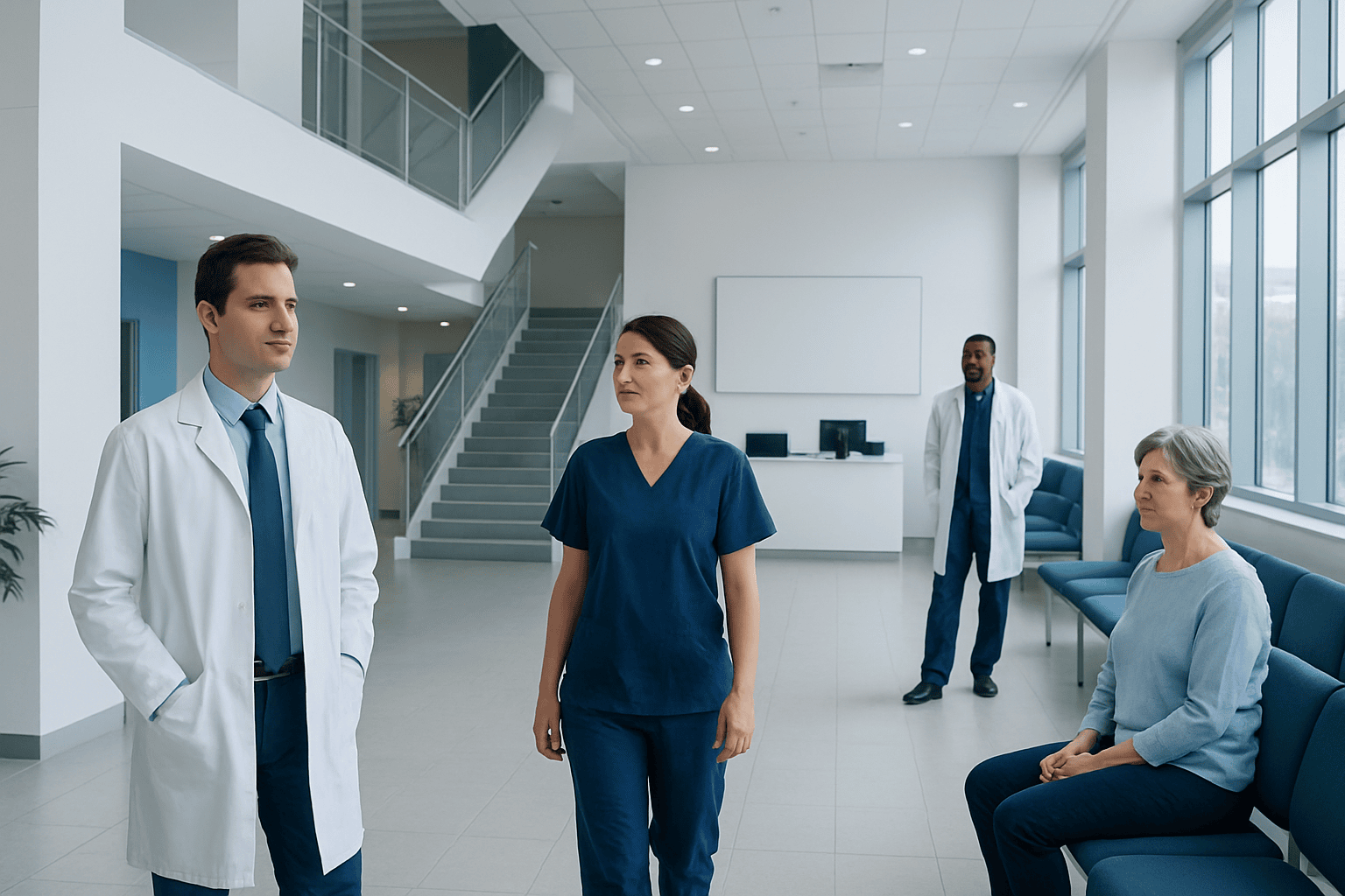 Medical team discussing patient care in a modern hospital lobby.