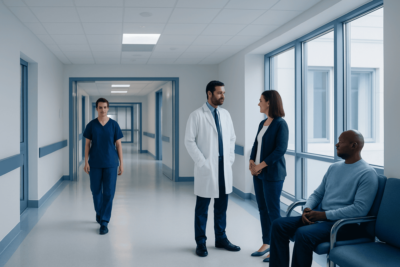 Medical professionals and patient in hospital corridor for health consultation.