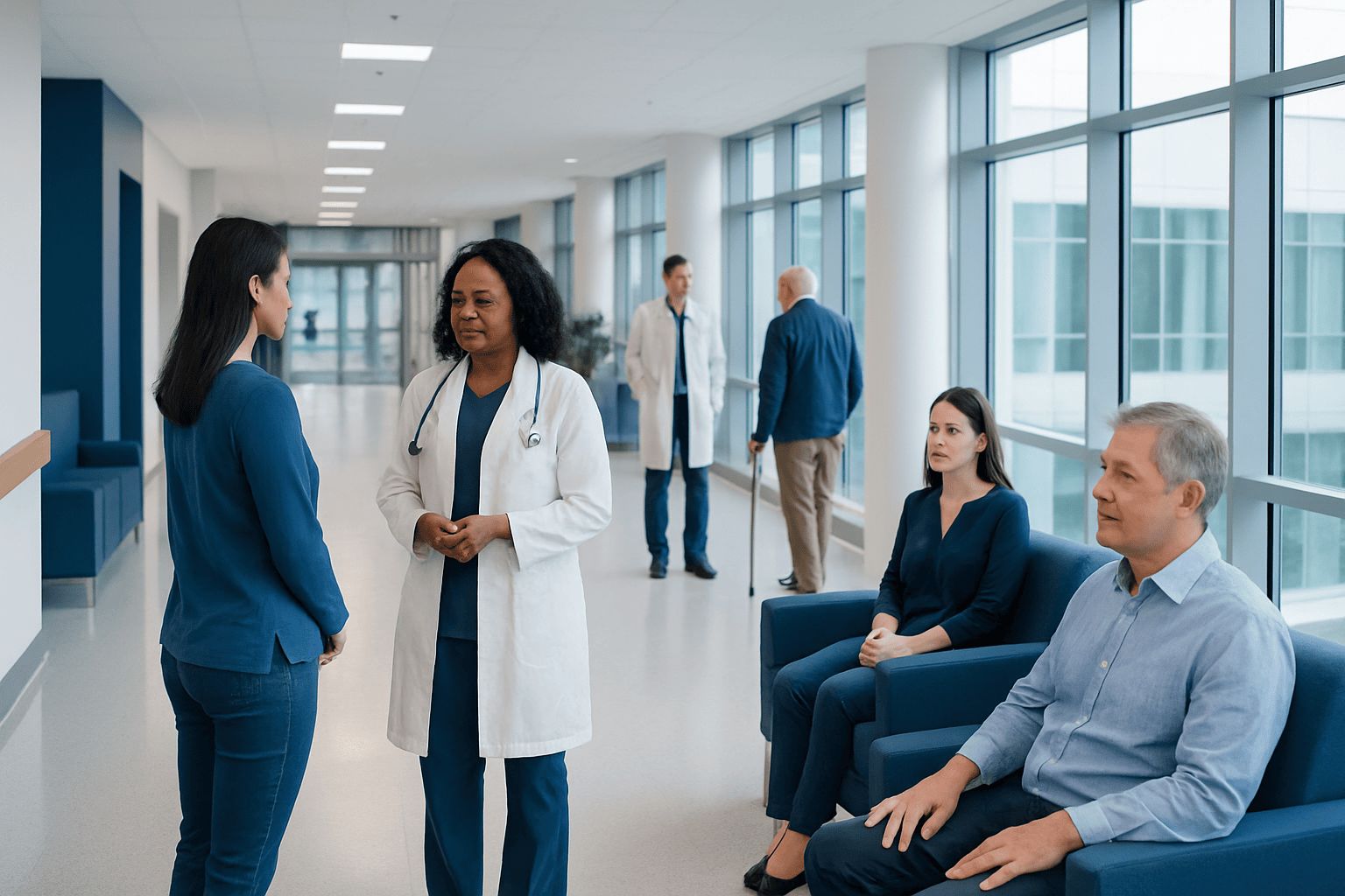Medical consultation in a modern hospital corridor with diverse healthcare professionals.