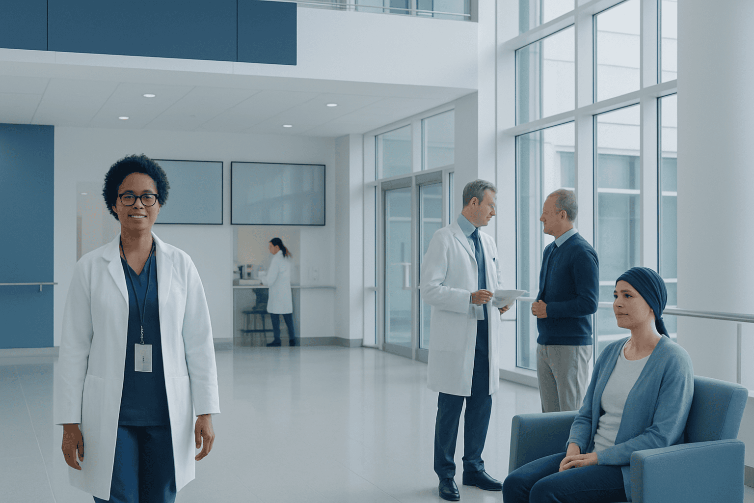 Medical professionals and patient in a modern hospital lobby.