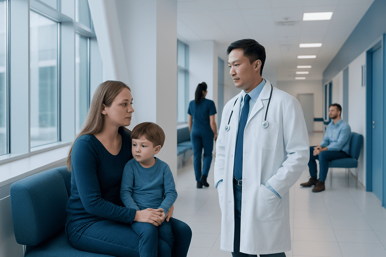 Pediatric consultation at Acibadem Hospital with doctor and young patient.