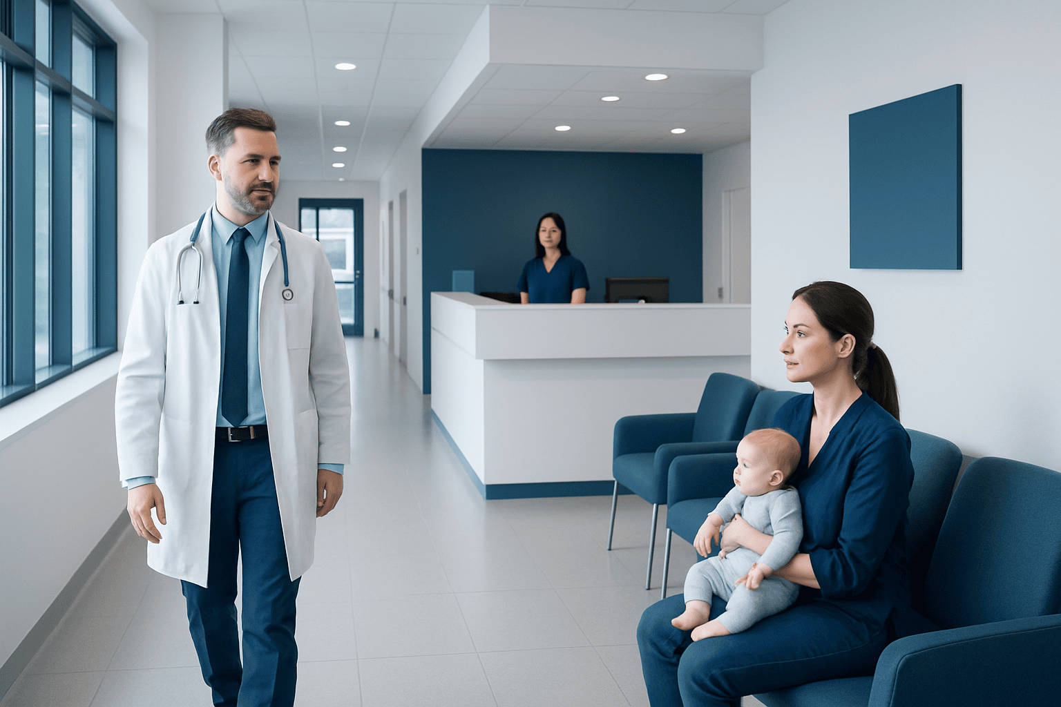 Doctor talking to mother and baby in hospital waiting area.