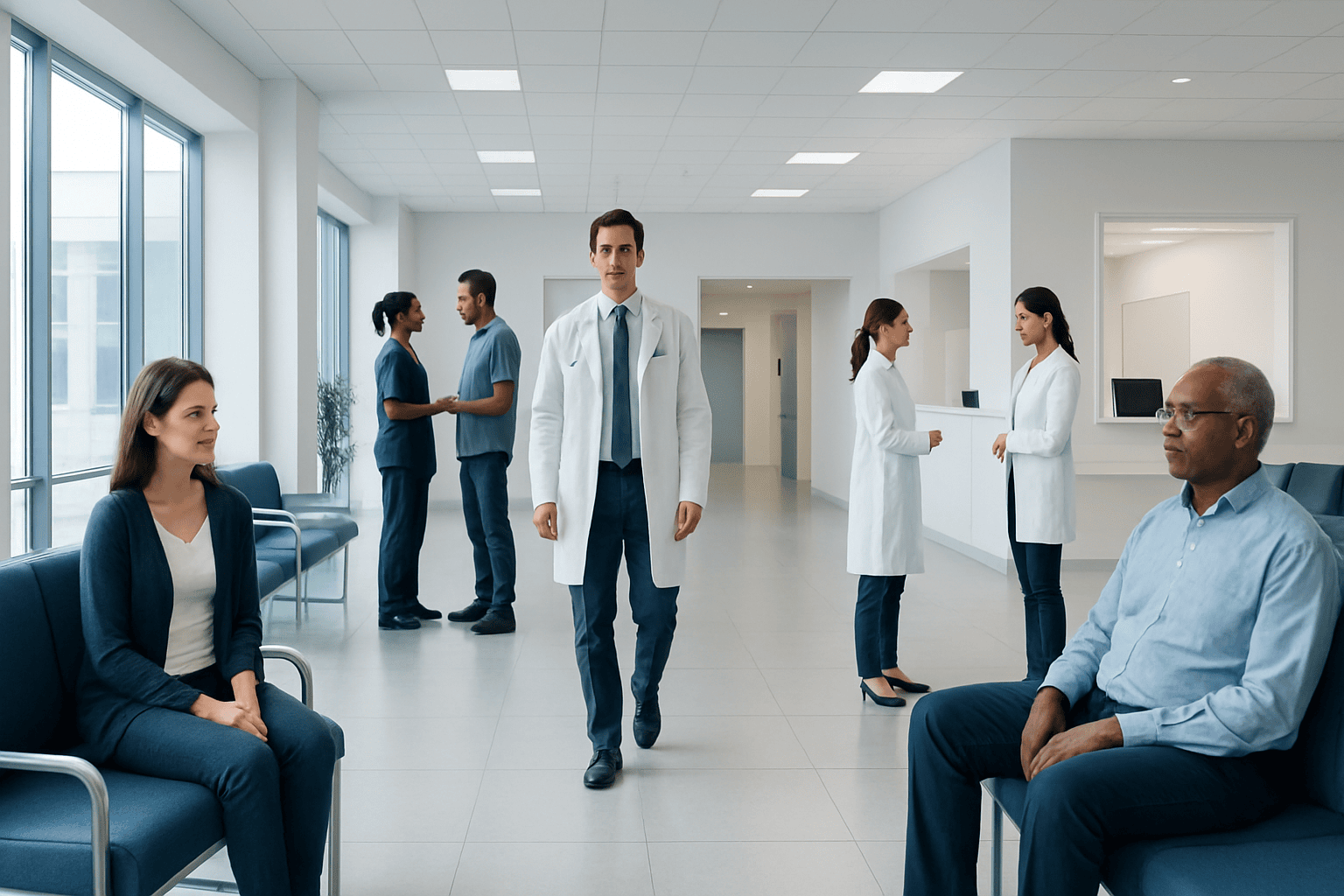 Medical professionals and patients in a hospital waiting area.