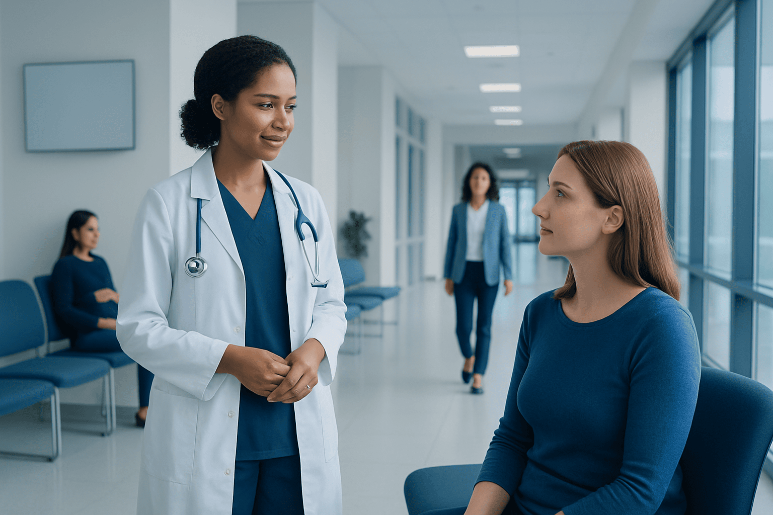 Doctor talking to a female patient in a hospital corridor.