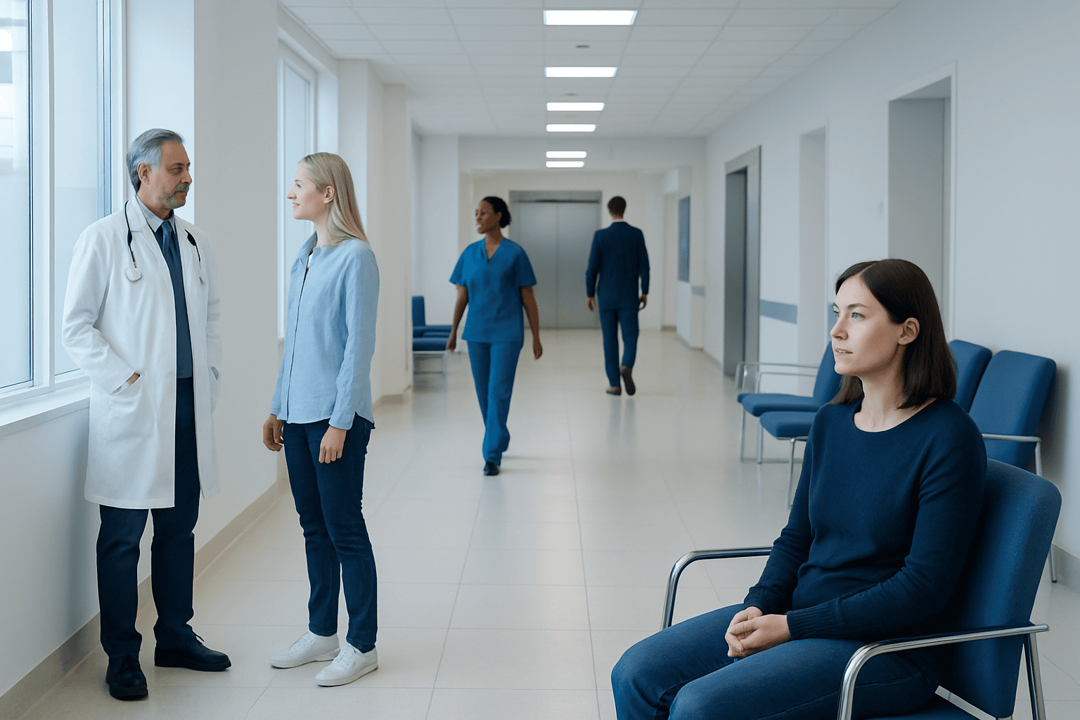Doctor talking to a young woman in a hospital corridor with other staff in the background.