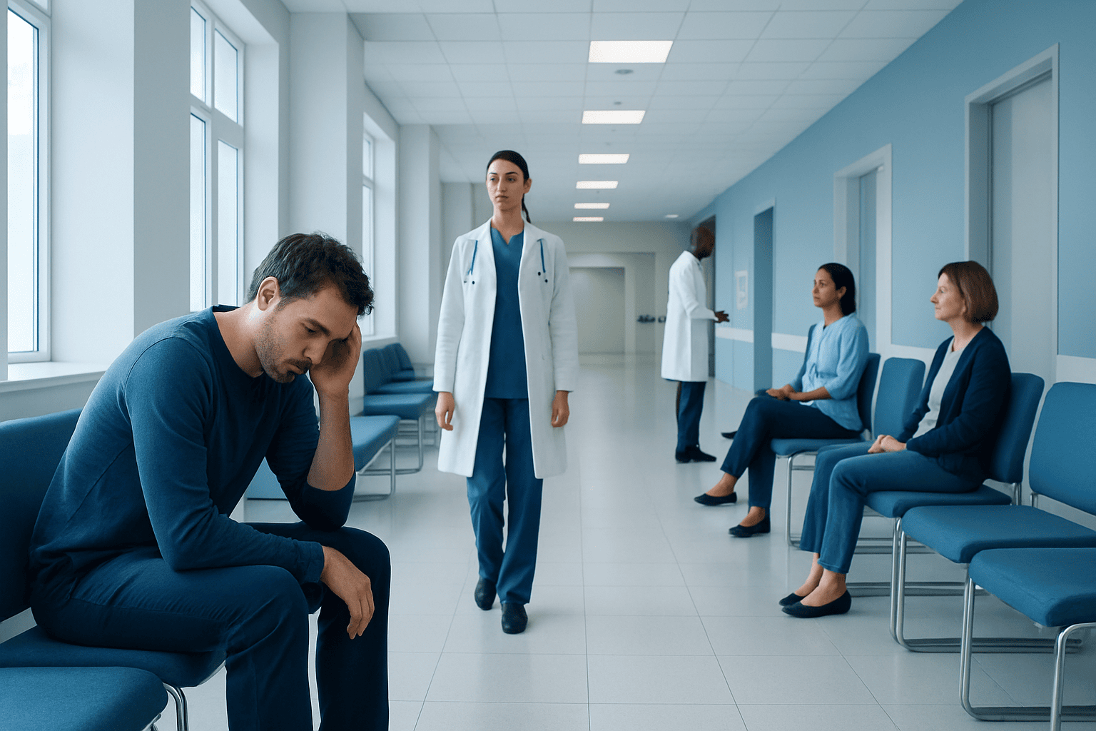 Patient waiting in hospital corridor with medical staff nearby.