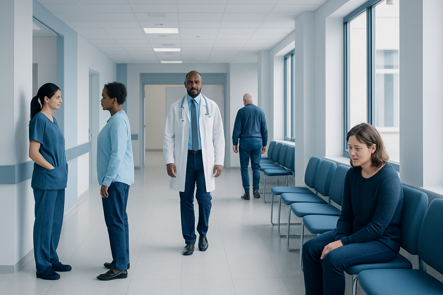 Hospital corridor with medical staff and patient, healthcare setting.