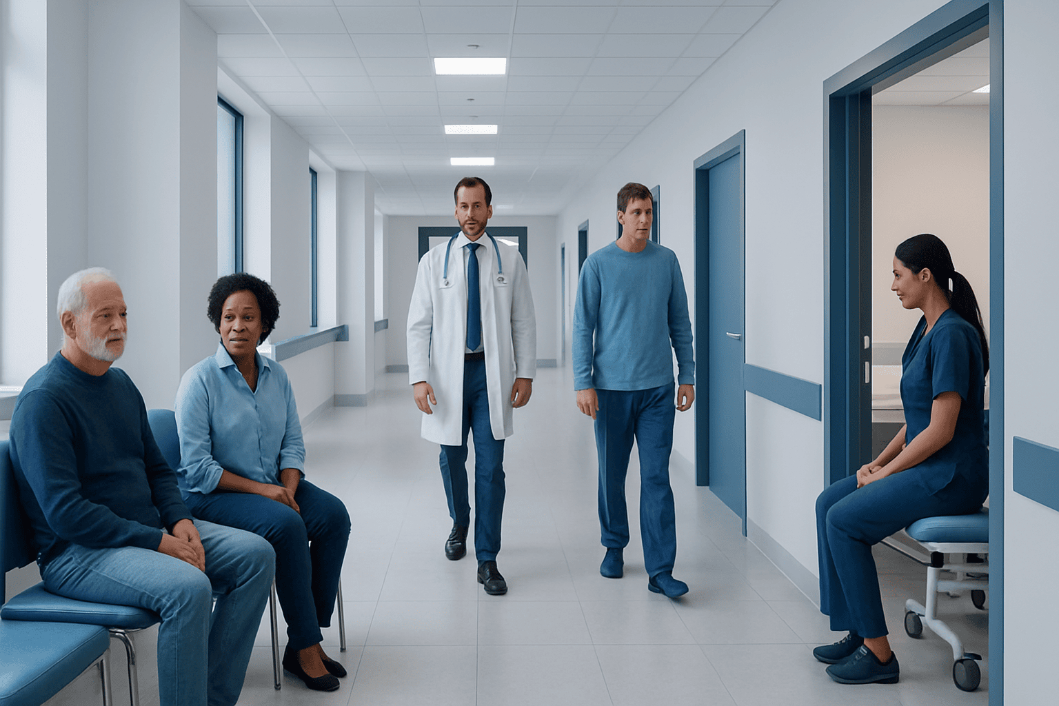 Medical consultation in hospital corridor with patients and healthcare professionals.