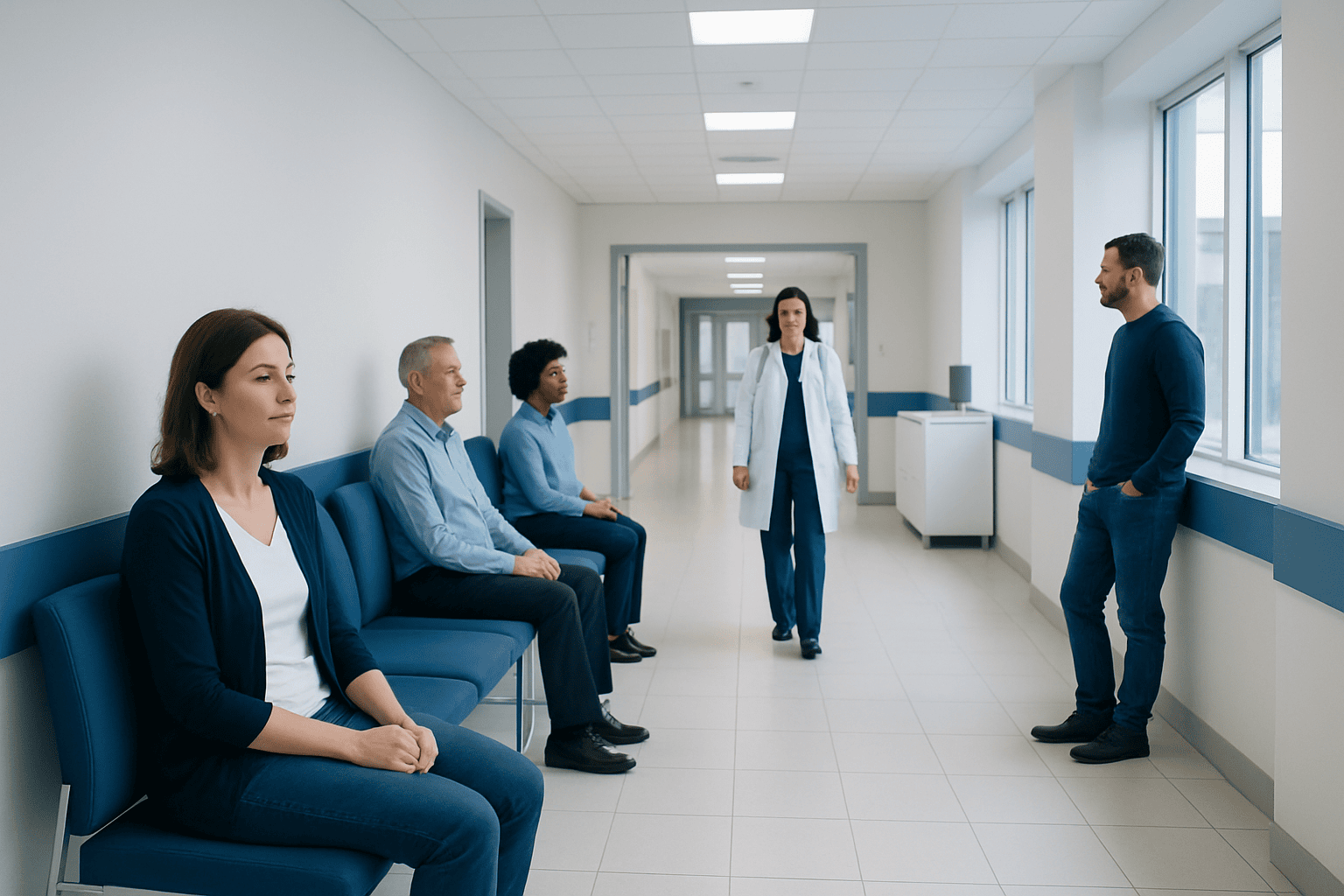 Patients waiting in a hospital corridor for medical consultation.