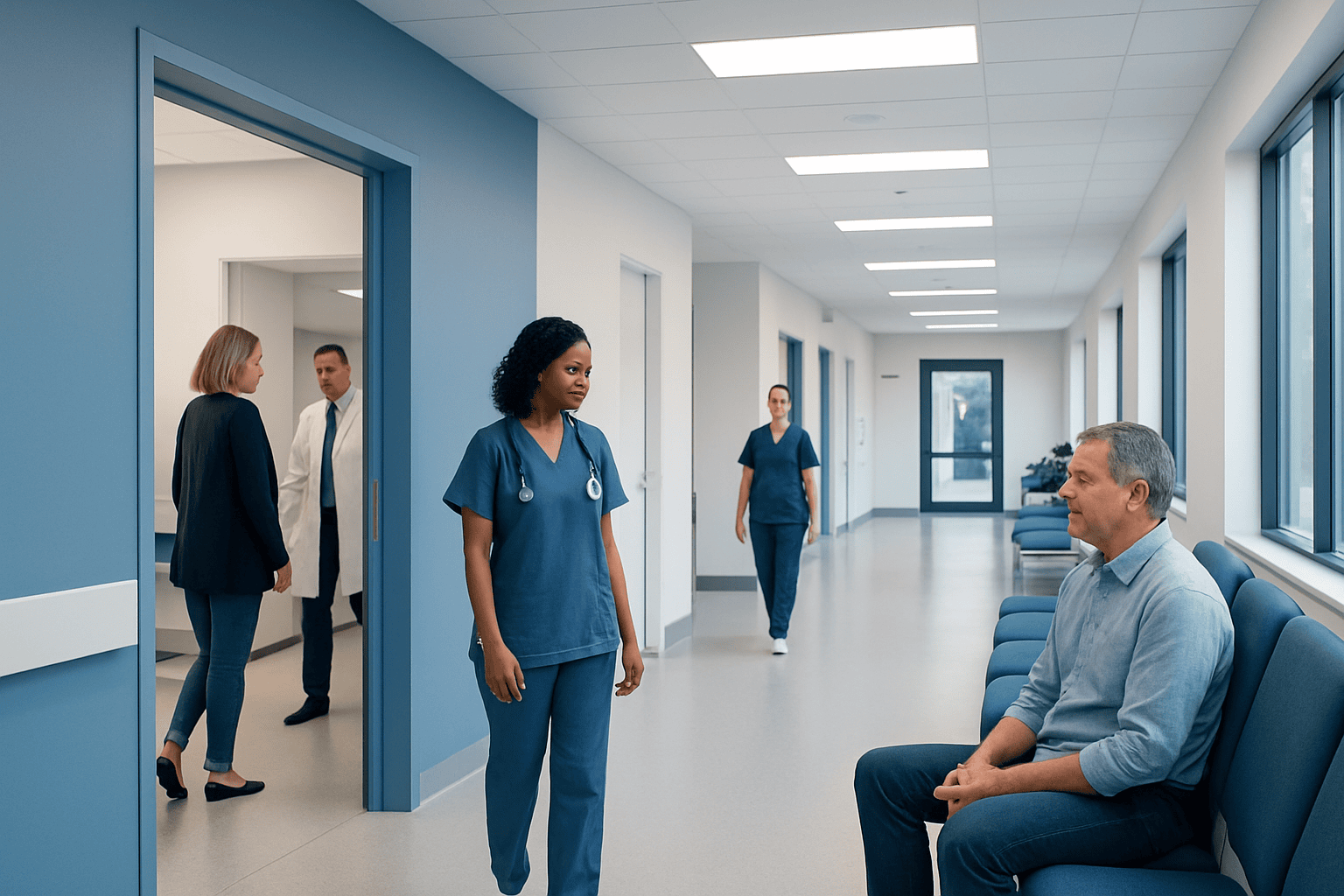 Healthcare professionals and patient in a modern hospital corridor.