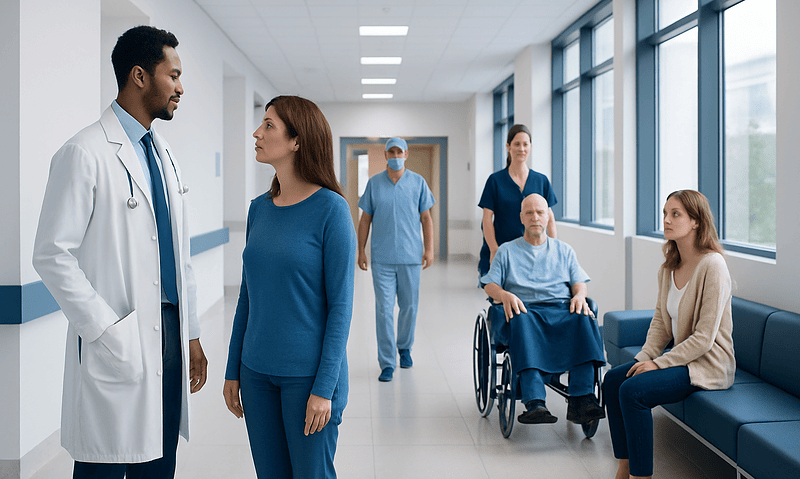 Medical team consulting with patient in hospital corridor.
