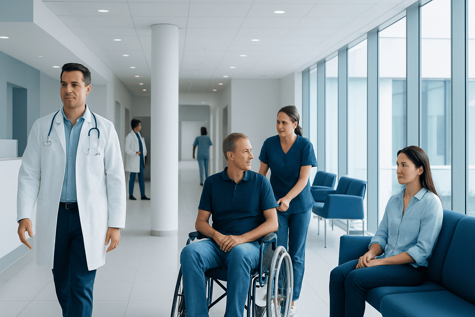Medical team and patient in hospital corridor with large windows.