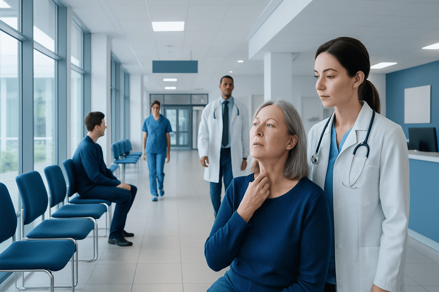 Medical staff assisting a patient with swallowing issues in hospital corridor.