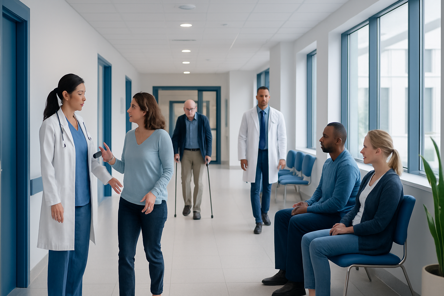 Medical consultation in a hospital corridor with diverse healthcare professionals and patients.