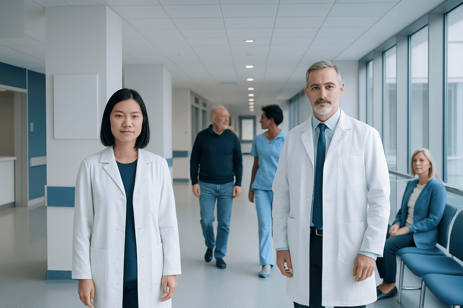 Medical professionals in a hospital corridor with patients in the background.