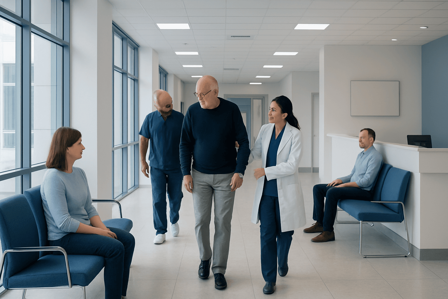 Doctor consulting with patient in hospital corridor.