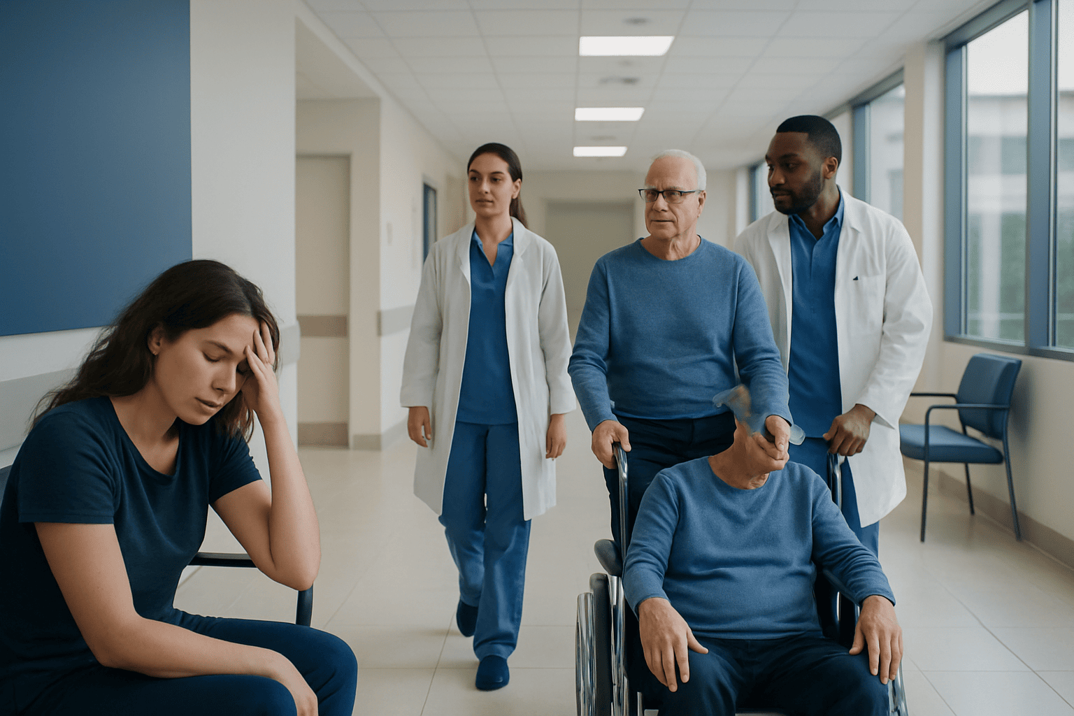 Patient with neurological issues being assisted by medical staff in hospital corridor.