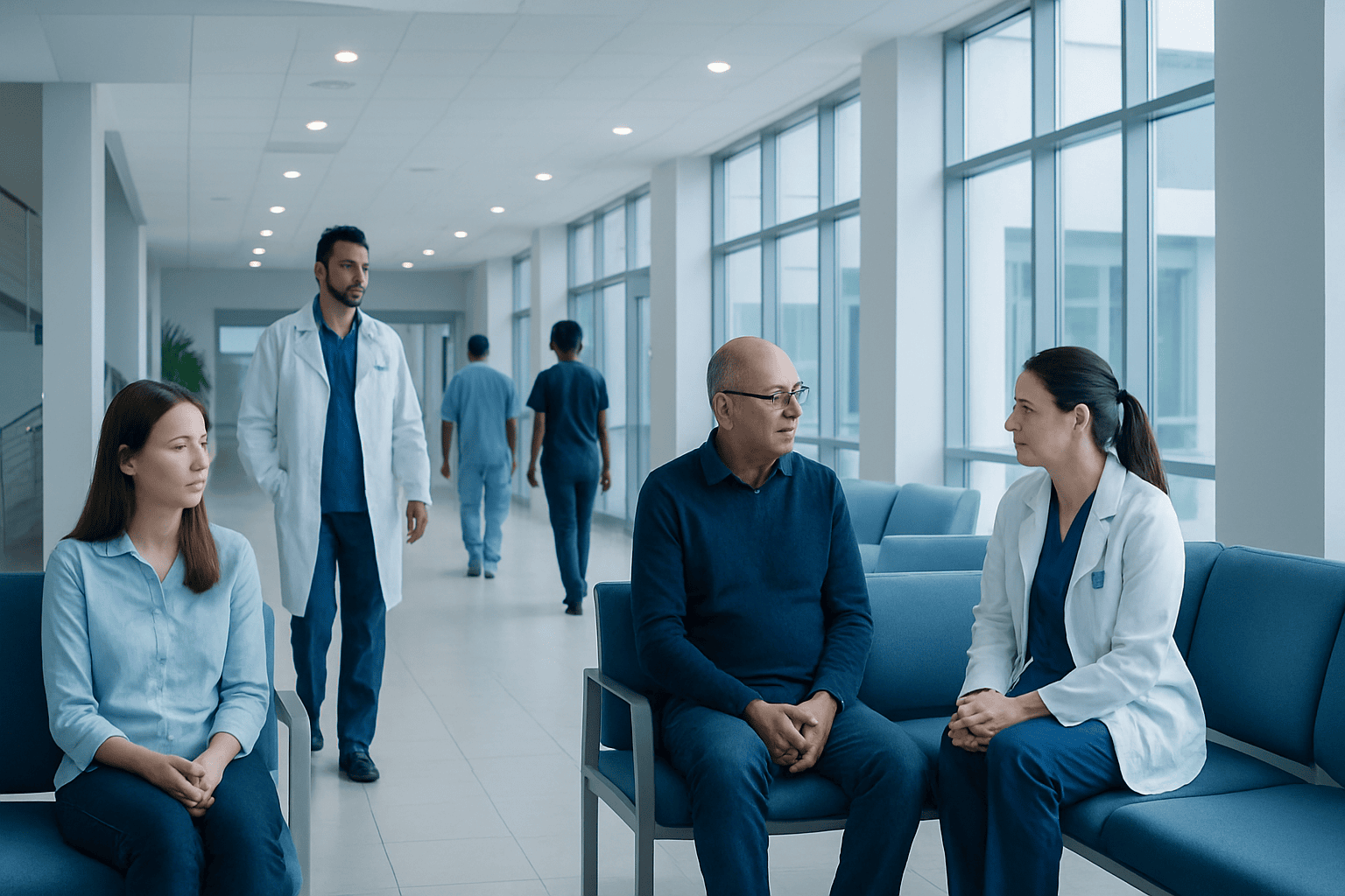Medical consultation in a modern hospital corridor with doctors and patients.