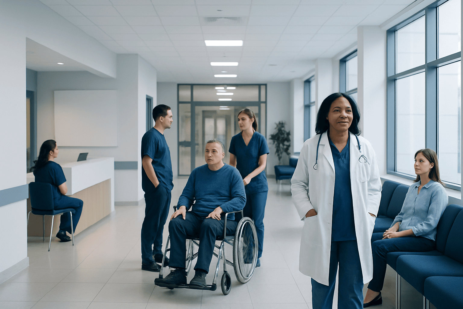 Hospital staff and patient in a modern medical facility.