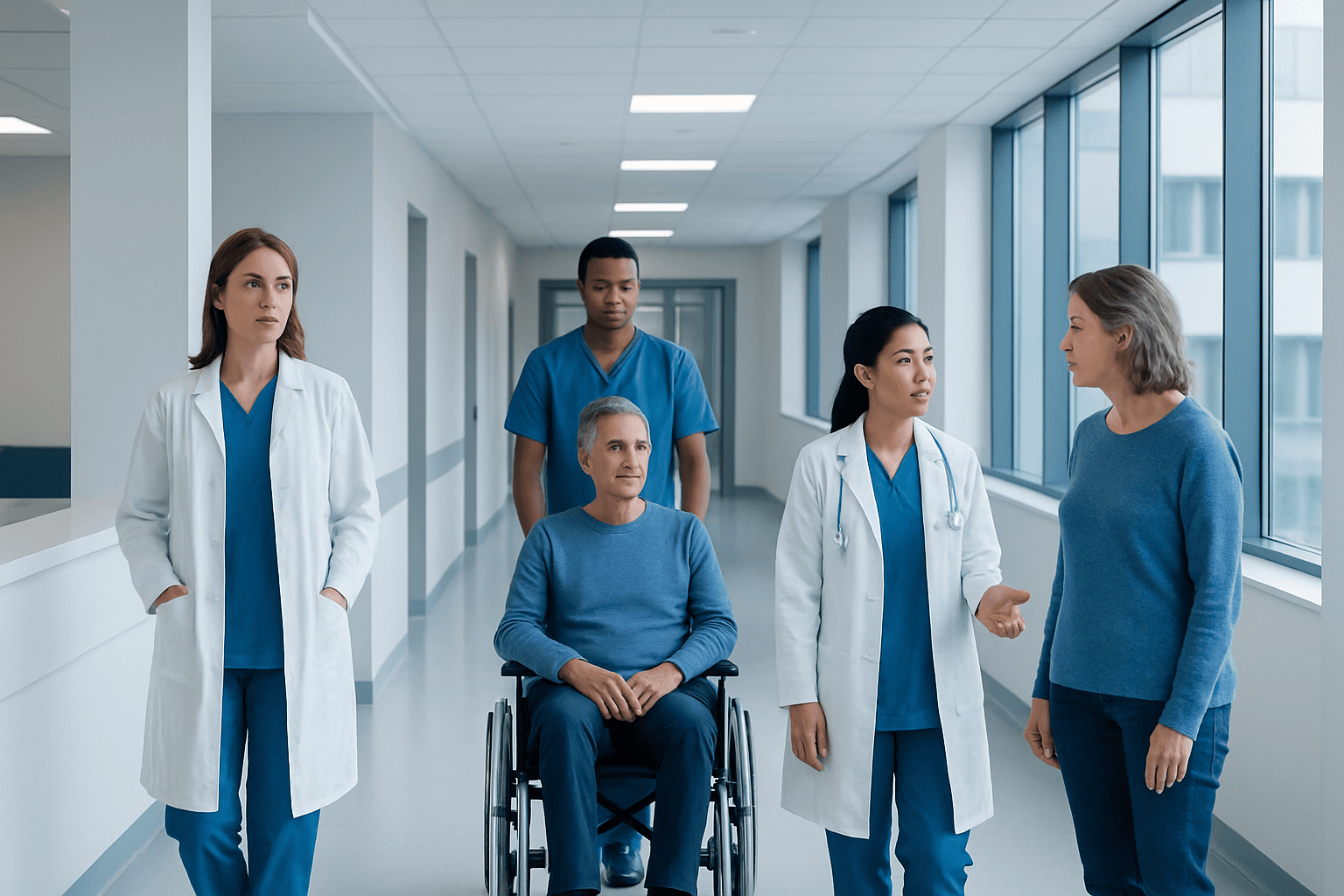 Medical team consulting with a patient in a hospital corridor.