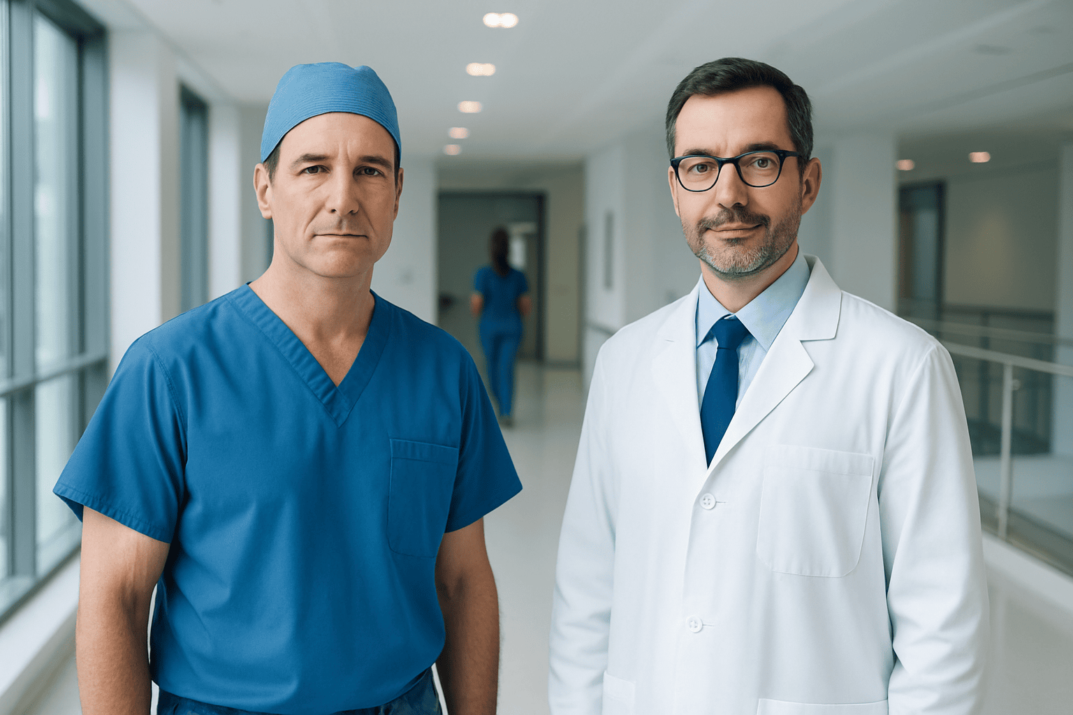 Two doctors in hospital corridor, one in blue scrubs, one in white coat with glasses.