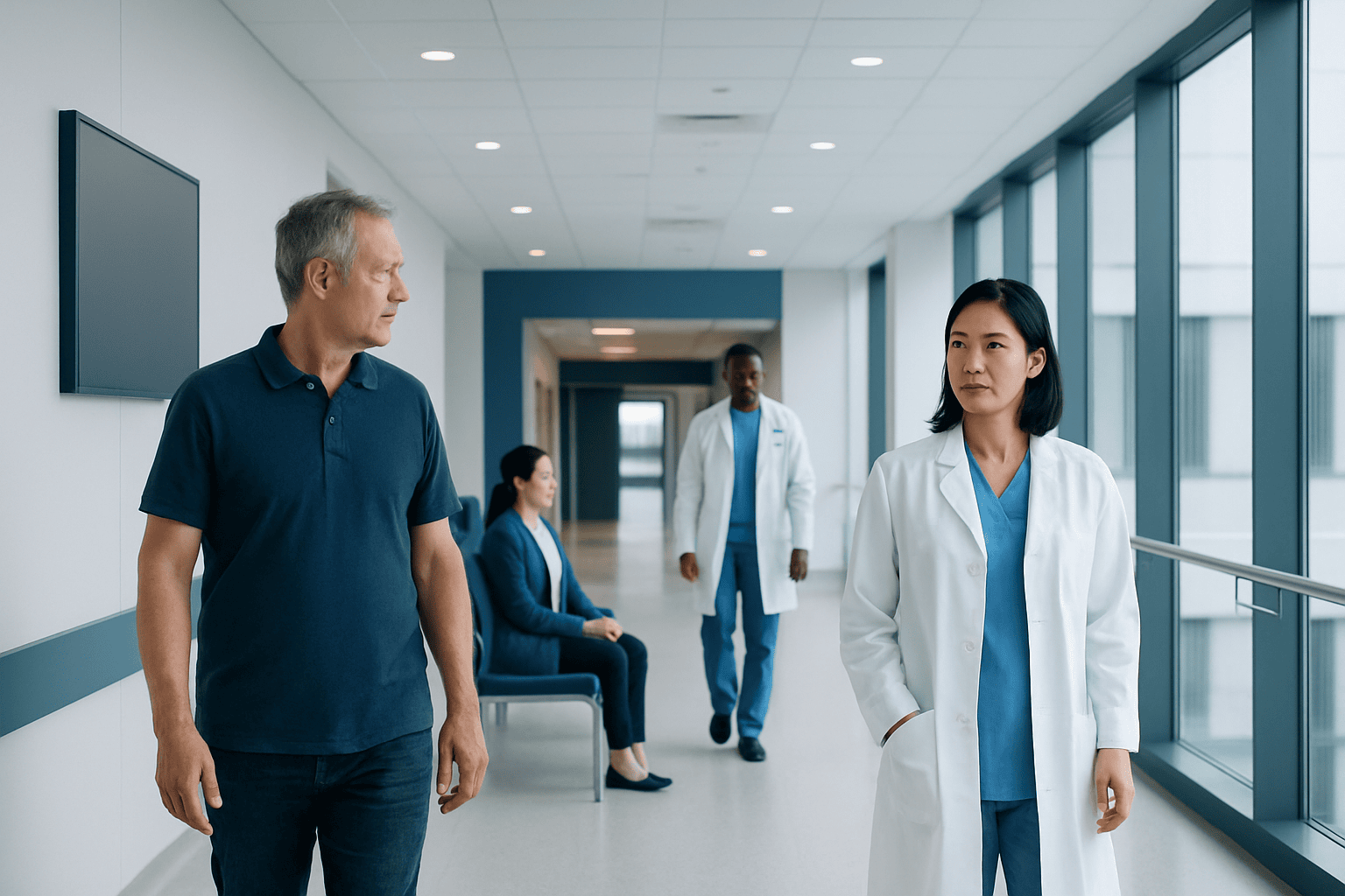 Medical professionals and a patient in a hospital corridor with large windows.