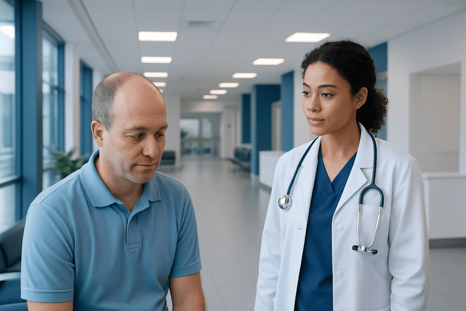 Doctor consulting a patient in a hospital corridor.