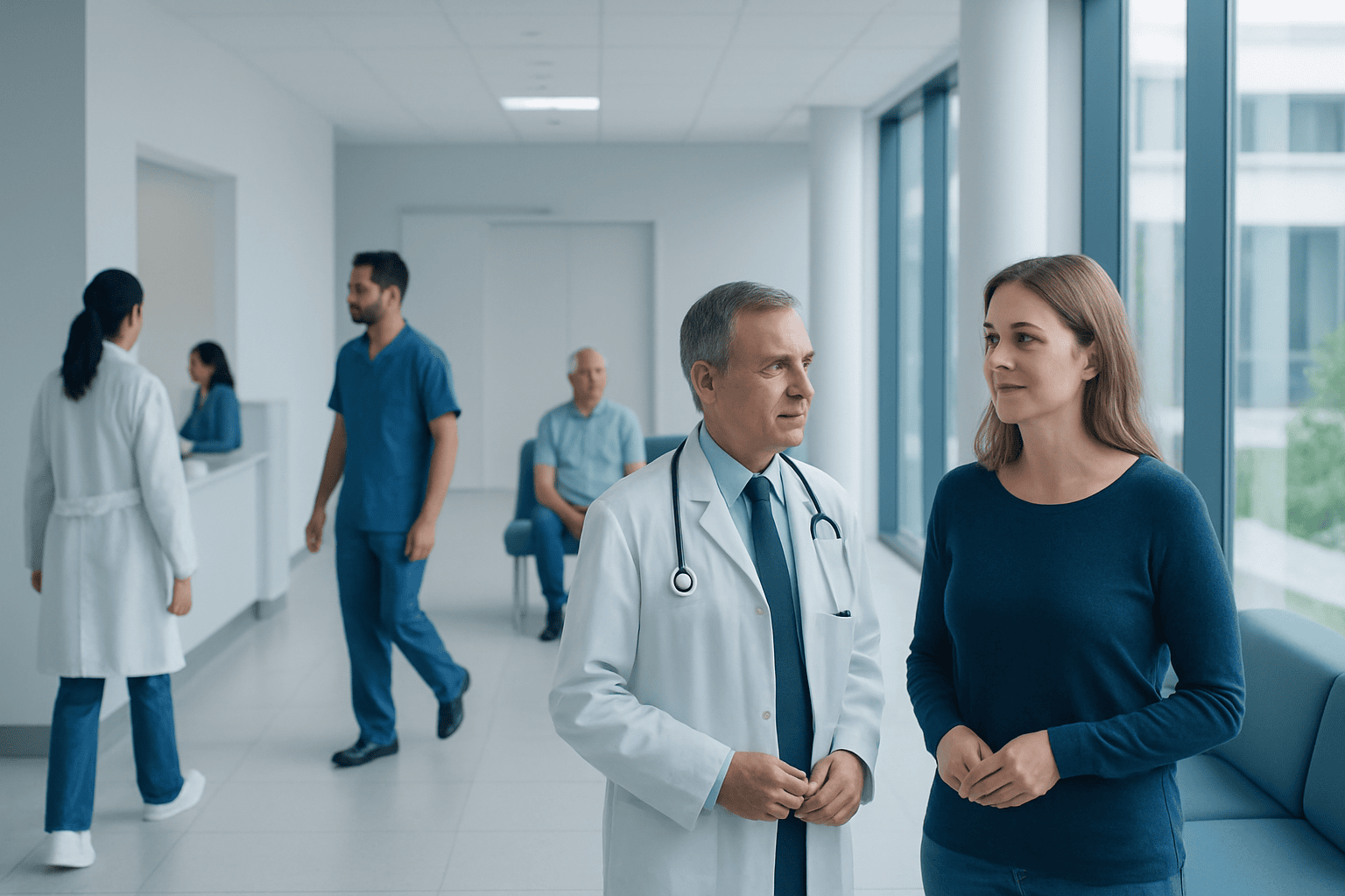 Doctor consulting a patient in a hospital corridor with medical staff in background.